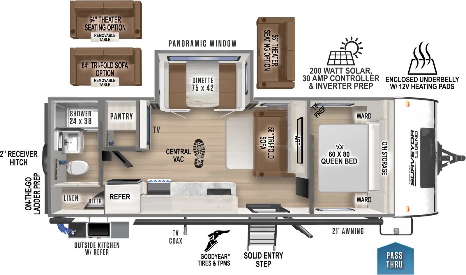 The 252RBLE has one entry and one slideout. Exterior features pass thru storage, solid entry step, TV coax, an outside kitchen, 21 foot awning, Goodyear tires and TPMS, on-the-go-ladder prep, 2 inch receiver hitch, enclosed underbelly with 12 volt heating pads, and 200 watt solar with 30 amp controller and inverter prep. Interior layout front to back: foot facing queen bed with overhead storage, wardrobes on each side, and TV prep; tri-fold sofa along inner wall; off-door side dinette slideout with panoramic window; TV on inner wall opposite tri-fold sofa; door side entry, kitchen counter and refrigerator; off-door side pantry; rear full bathroom with linen closet. This RV has central vacuum. Optional theater seating or tri-fold sofa available in place of dinette. Optional theater seating available in place of tri-fold sofa.